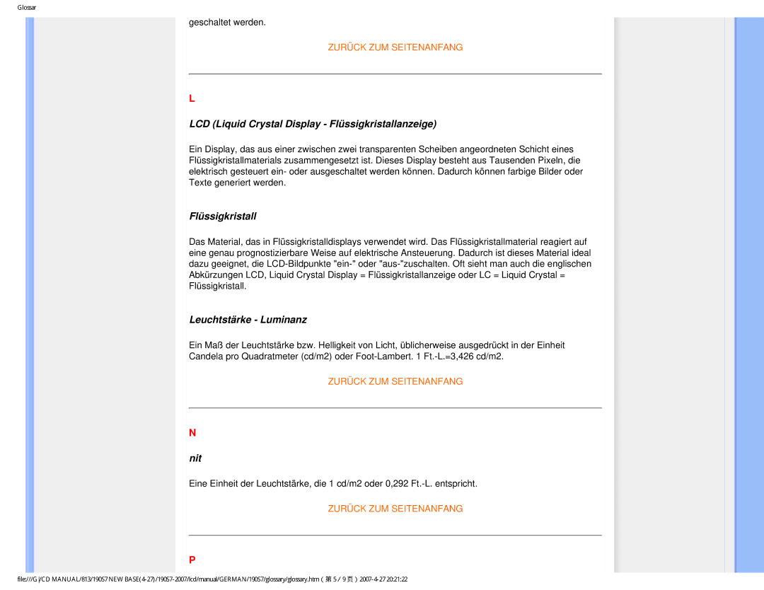 Philips HNS7190T user manual LCD Liquid Crystal Display Flüssigkristallanzeige, Leuchtstärke Luminanz, Nit 