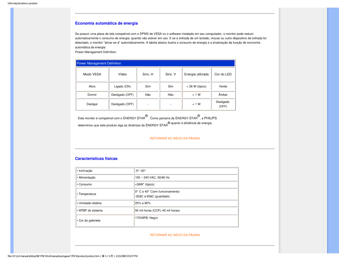 Philips HNV9170T user manual Economia automática de energia, Características físicas 