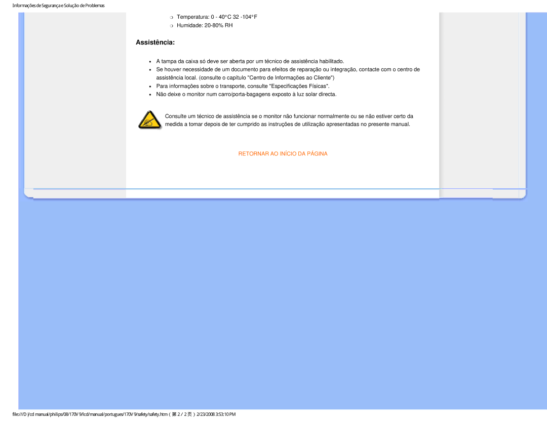 Philips HNV9170T user manual Assistência, Retornar AO Início DA Página 