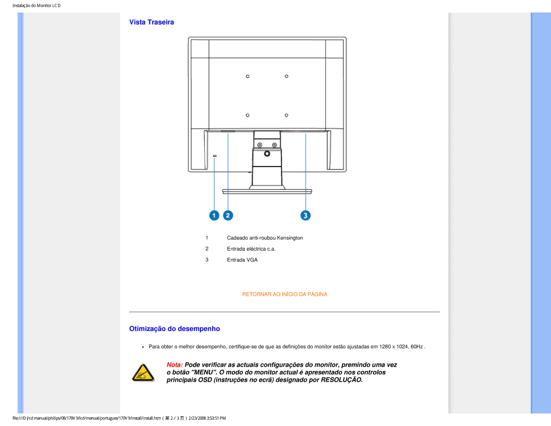 Philips HNV9170T user manual Vista Traseira, Otimização do desempenho 