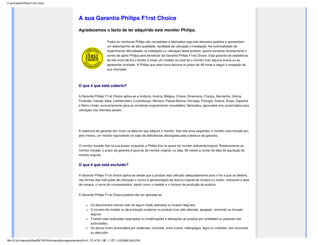 Philips HNV9170T user manual Sua Garantia Philips F1rst Choice, Agradecemos o facto de ter adquirido este monitor Philips 