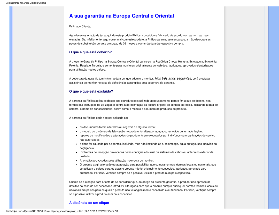 Philips HNV9170T user manual Sua garantia na Europa Central e Oriental, Distância de um clique 
