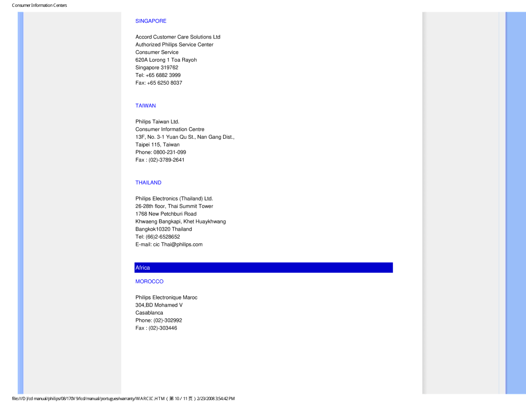 Philips HNV9170T user manual Singapore, Taiwan, Thailand, Morocco 