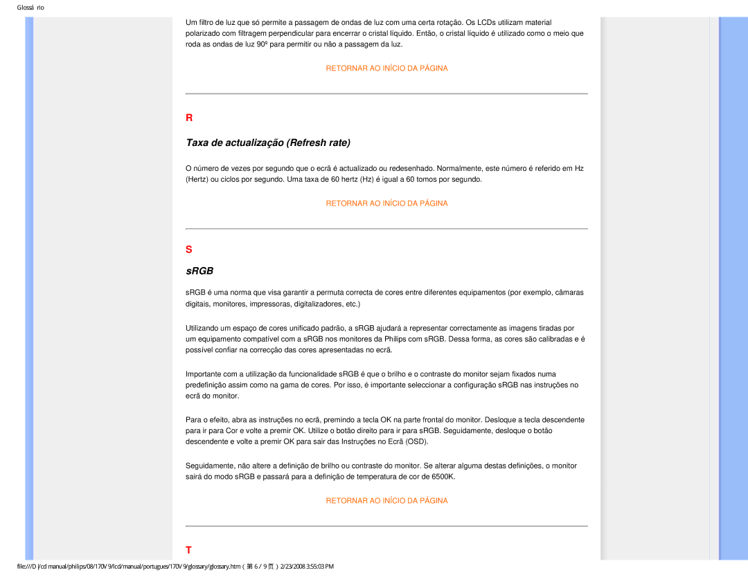 Philips HNV9170T user manual Taxa de actualização Refresh rate, Srgb 