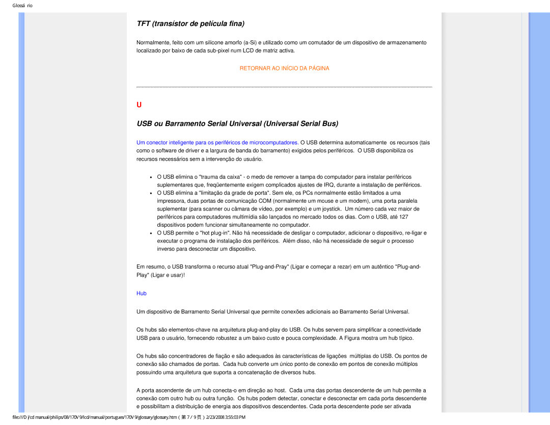 Philips HNV9170T user manual TFT transístor de película fina, USB ou Barramento Serial Universal Universal Serial Bus 