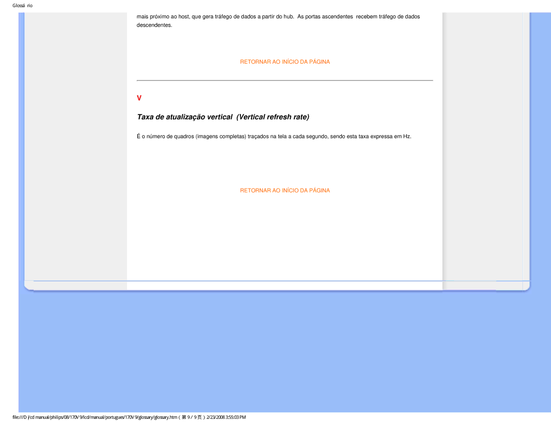 Philips HNV9170T user manual Taxa de atualização vertical Vertical refresh rate 