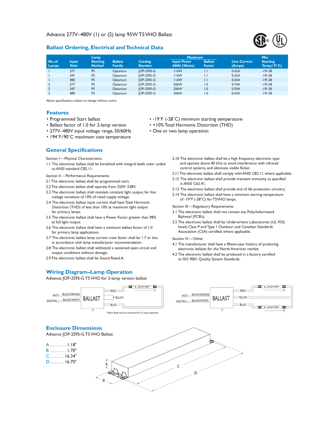 Philips HO manual Ballast Ordering, Electrical and Technical Data, Features, General Specifications, Enclosure Dimensions 