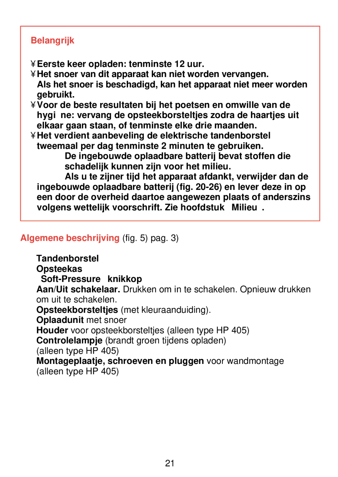 Philips HP 405/355 manual Belangrijk, Algemene beschrijving pag, Soft-Pressure knikkop, Oplaadunit met snoer 