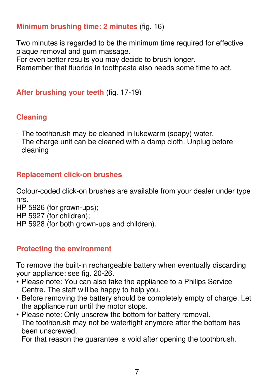 Philips HP 405/355 Minimum brushing time 2 minutes fig, After brushing your teeth fig Cleaning, Protecting the environment 