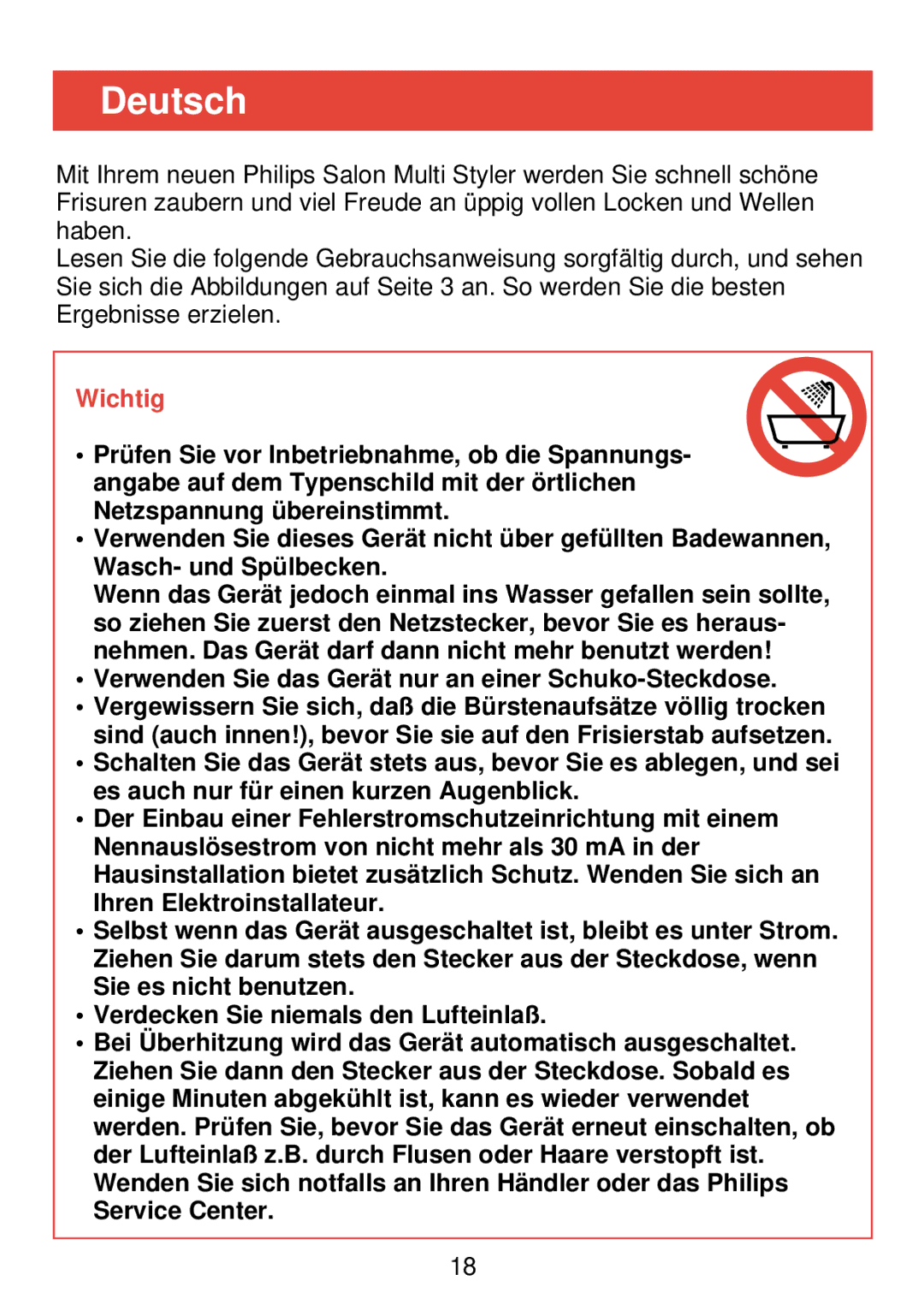 Philips HP 4489 manual Deutsch, Wichtig, Verwenden Sie das Gerät nur an einer Schuko-Steckdose 