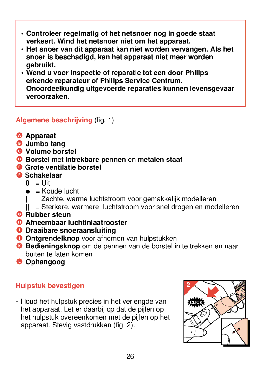 Philips HP 4489 manual Algemene beschrijving fig, Rubber steun, Ophangoog, Hulpstuk bevestigen 