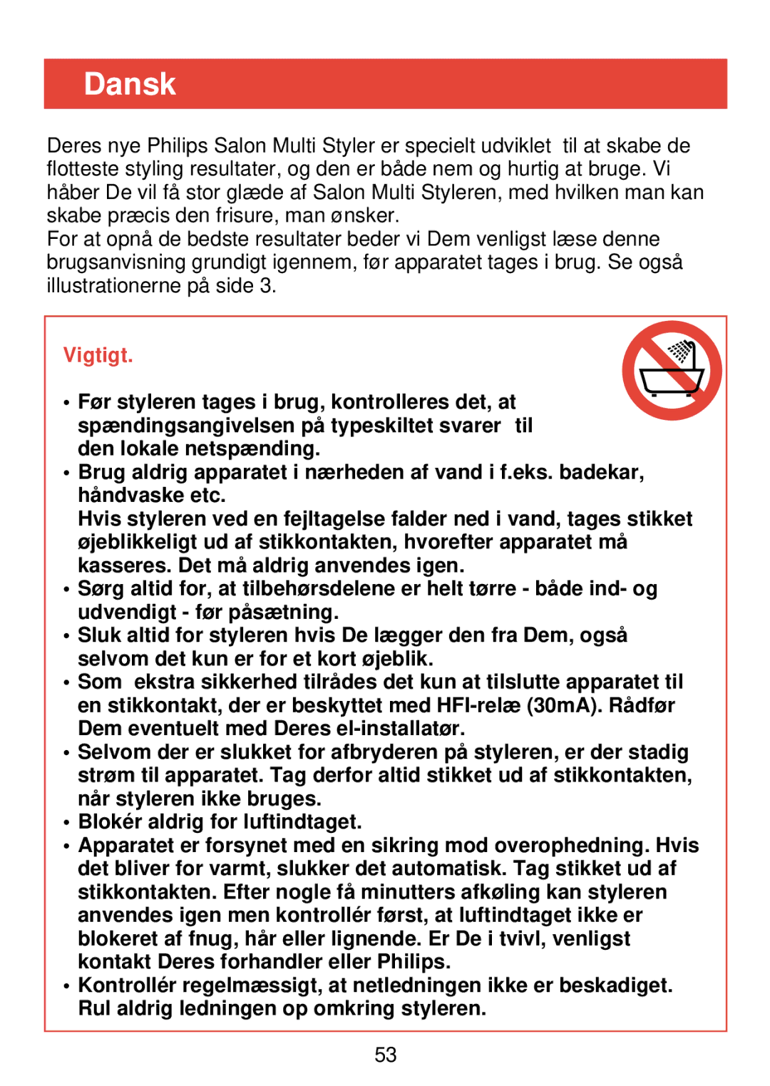 Philips HP 4489 manual Dansk, Vigtigt 