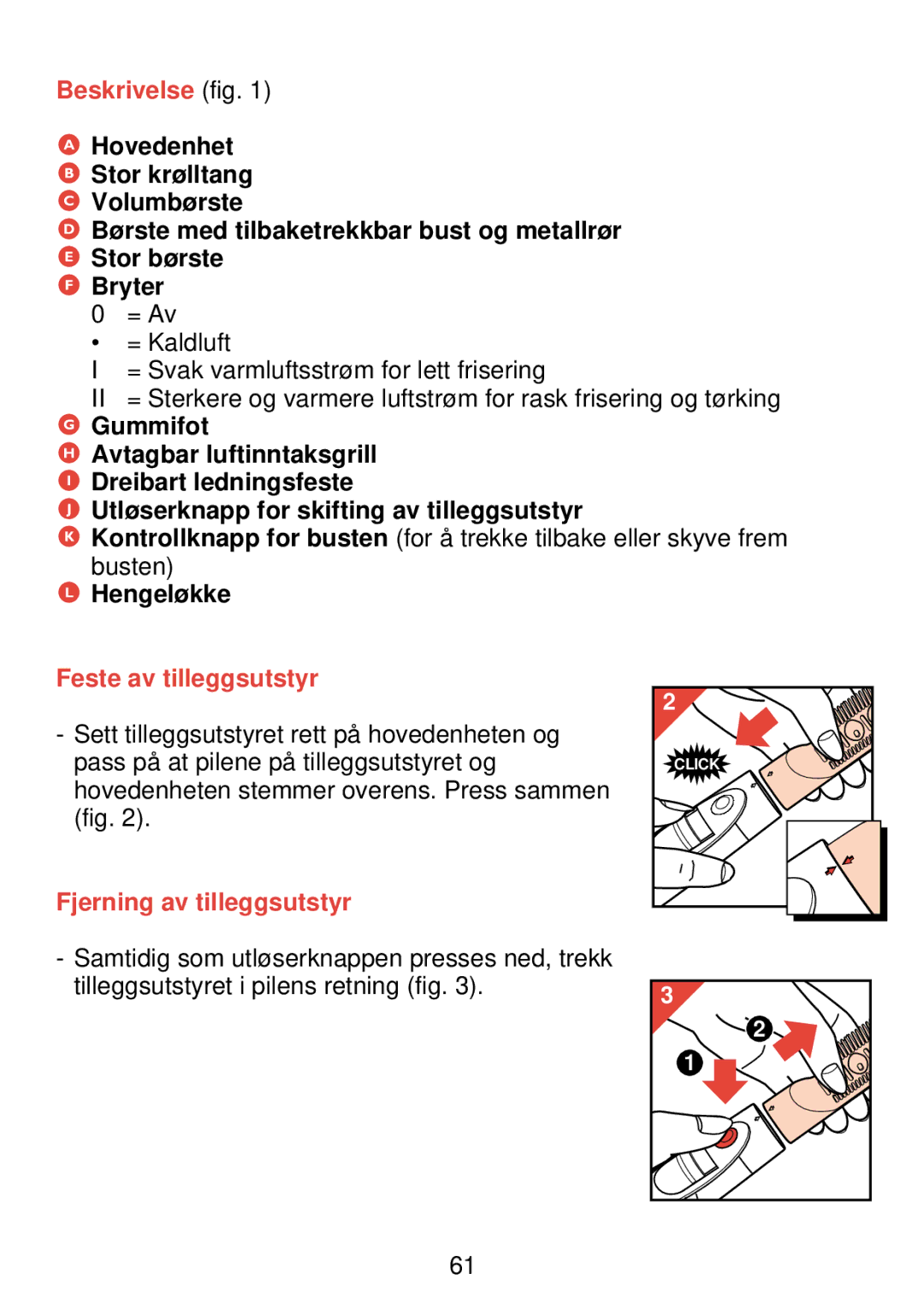 Philips HP 4489 manual Beskrivelse fig, Hengeløkke, Feste av tilleggsutstyr, Fjerning av tilleggsutstyr 