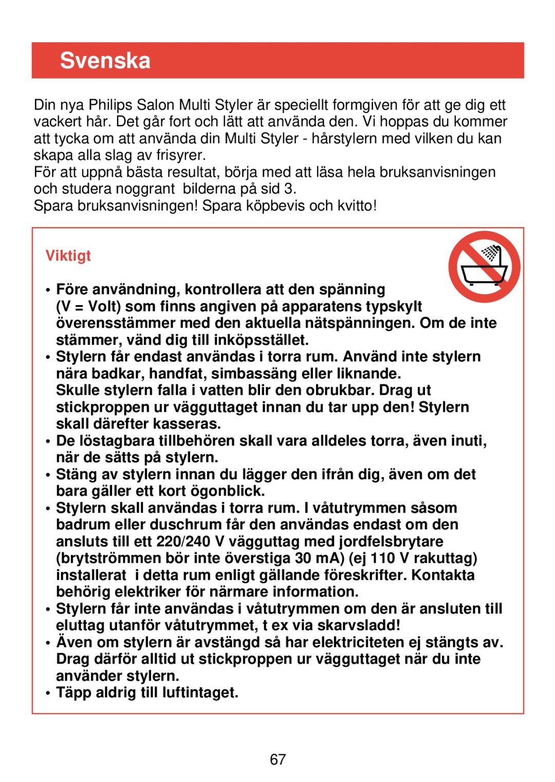 Philips HP 4489 manual Svenska, Viktigt 