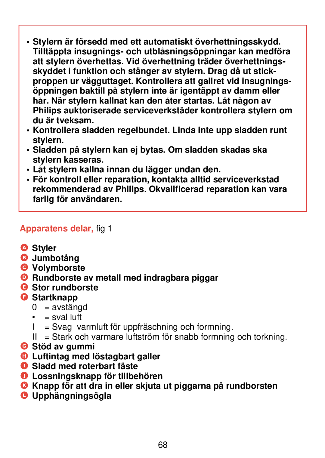 Philips HP 4489 manual Apparatens delar, fig, Stöd av gummi 