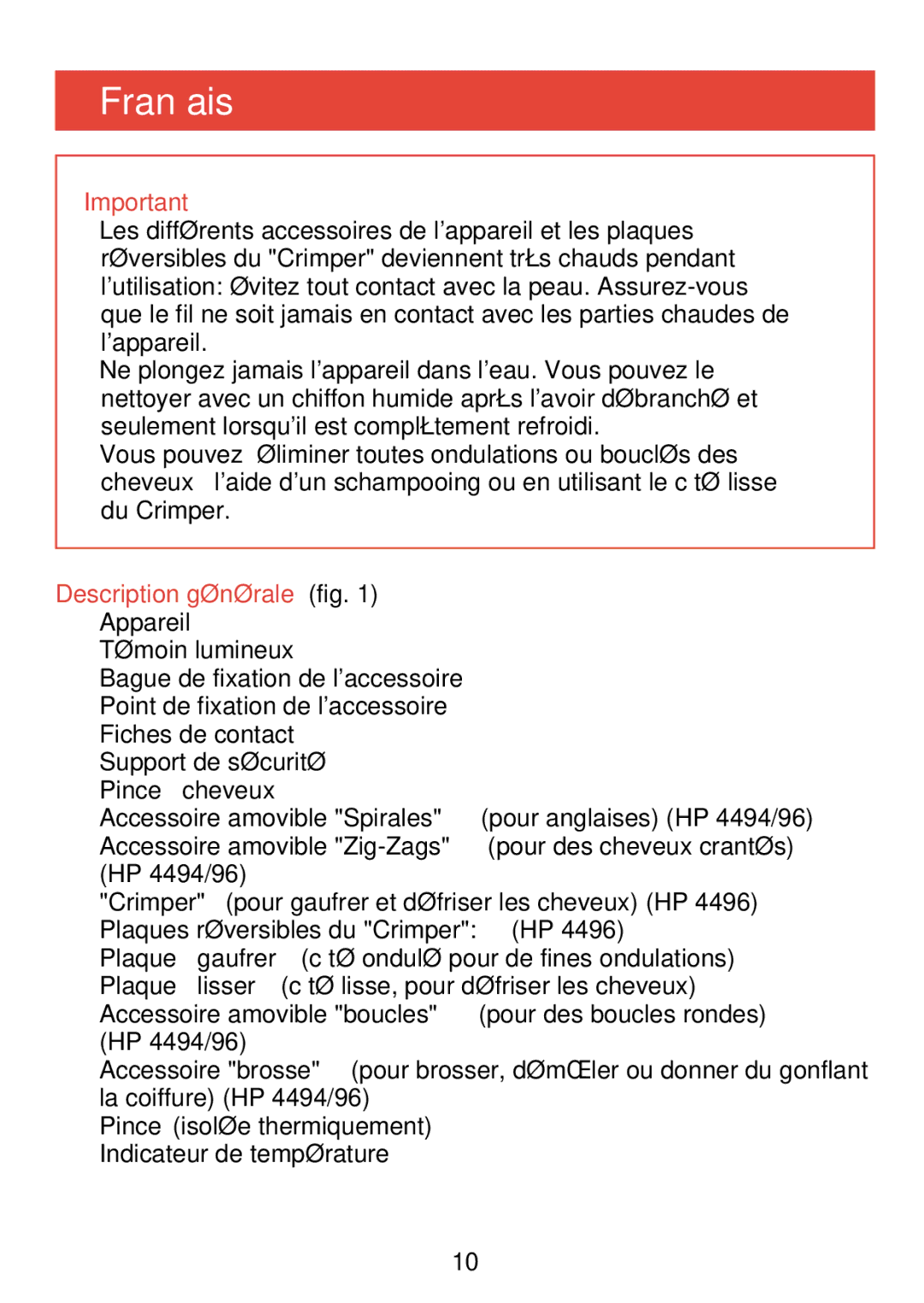 Philips HP 4494, HP 4496 Français, Description générale fig, Plaques réversibles du Crimper HP, Indicateur de température 