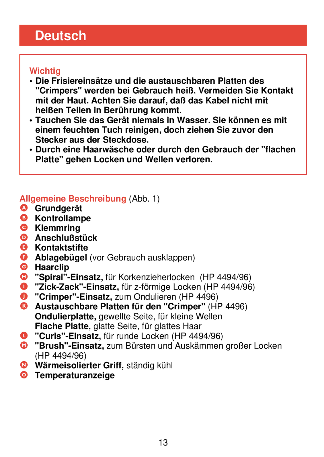 Philips HP 4490, HP 4494, HP 4496 manual Deutsch, Wichtig, Allgemeine Beschreibung Abb, Haarclip 