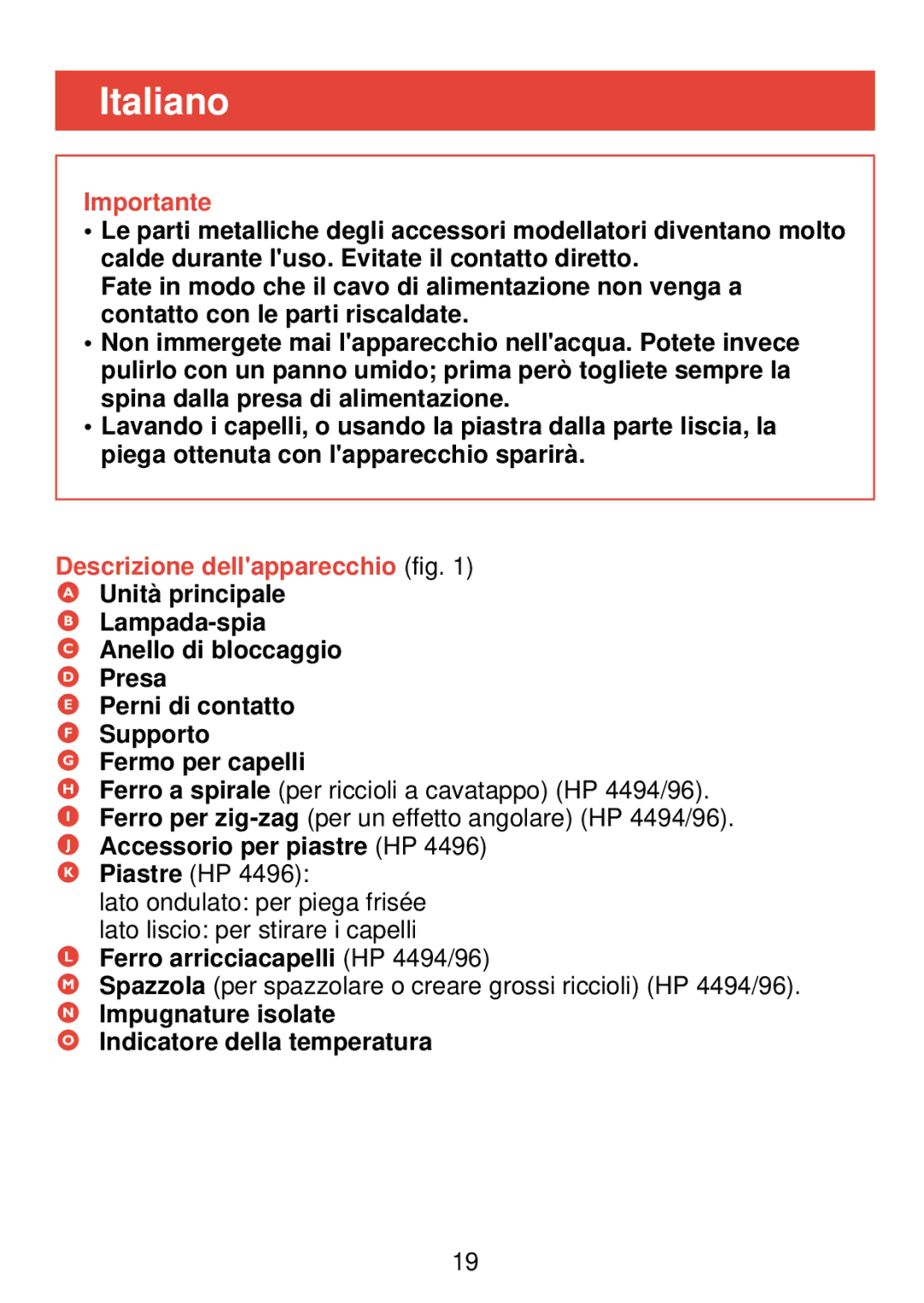 Philips HP 4490, HP 4494, HP 4496 manual Italiano, Importante, Descrizione dellapparecchio fig 