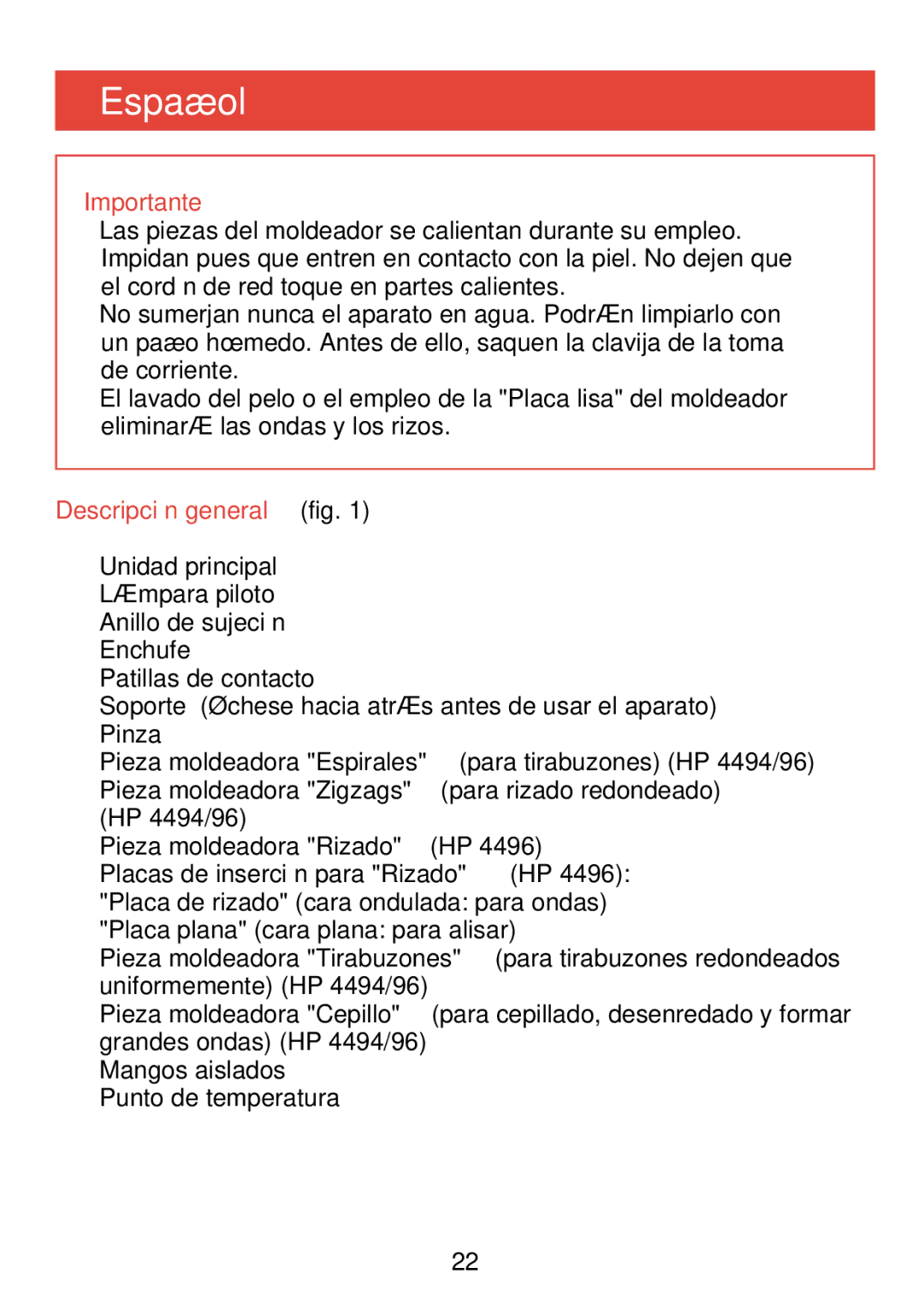 Philips HP 4494, HP 4496 manual Español, Descripción general fig, Pinza, Mangos aislados Punto de temperatura 