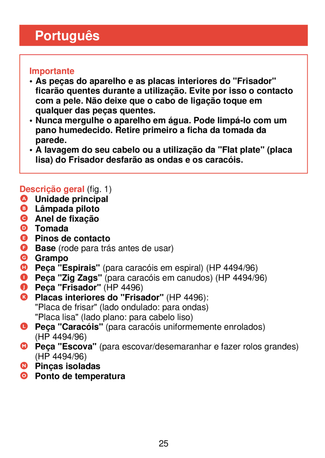 Philips HP 4494, HP 4496 manual Português, Descrição geral fig, Grampo, Pinças isoladas Ponto de temperatura 