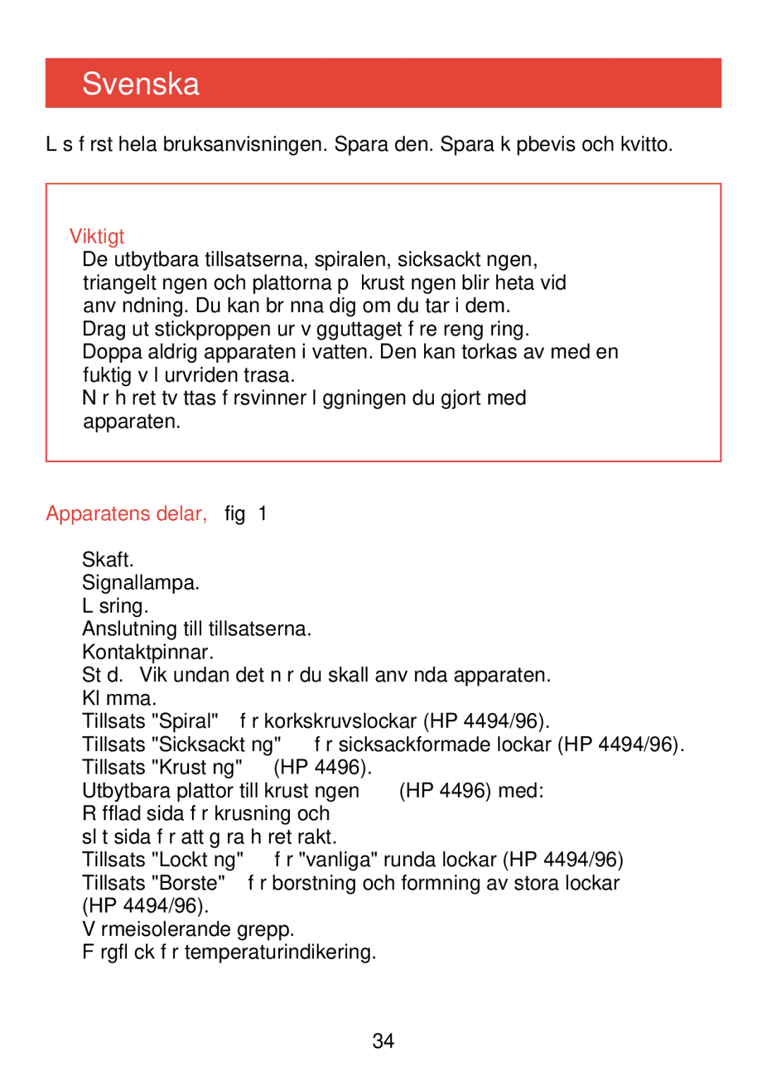 Philips HP 4494 Svenska, Viktigt, Apparatens delar, fig, Klämma, Värmeisolerande grepp Färgfläck för temperaturindikering 