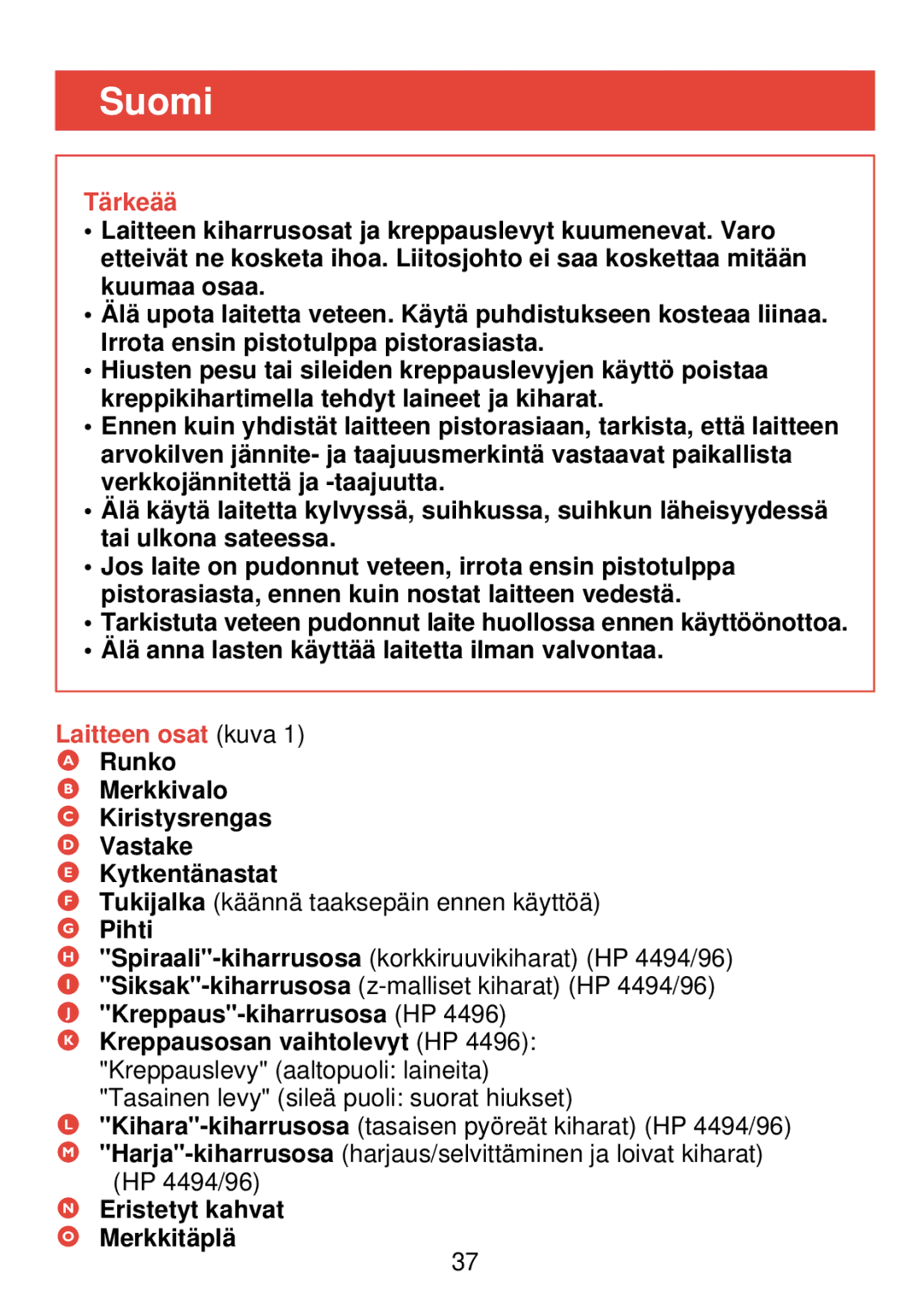 Philips HP 4490, HP 4494, HP 4496 manual Suomi, Tärkeää, Laitteen osat kuva 