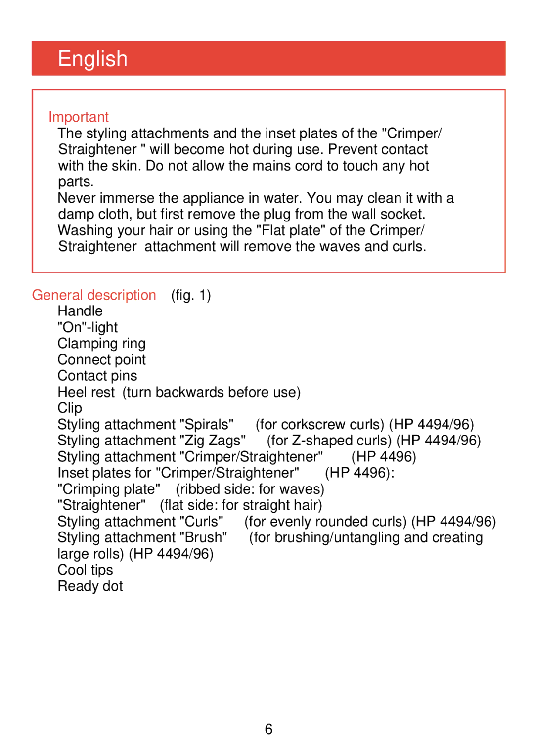 Philips HP 4490, HP 4494, HP 4496 manual English, General description fig, Clip, Cool tips O Ready dot 