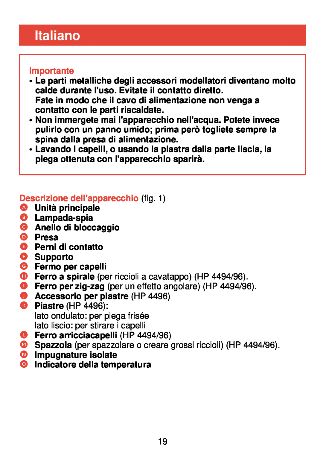 Philips HP 4490, HP 4494, HP 4496 manual Italiano, Importante, Descrizione dellapparecchio fig 