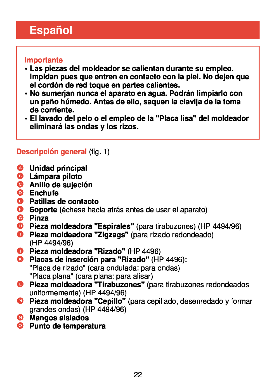 Philips HP 4490, HP 4494, HP 4496 manual Español, Descripción general fig, Importante 