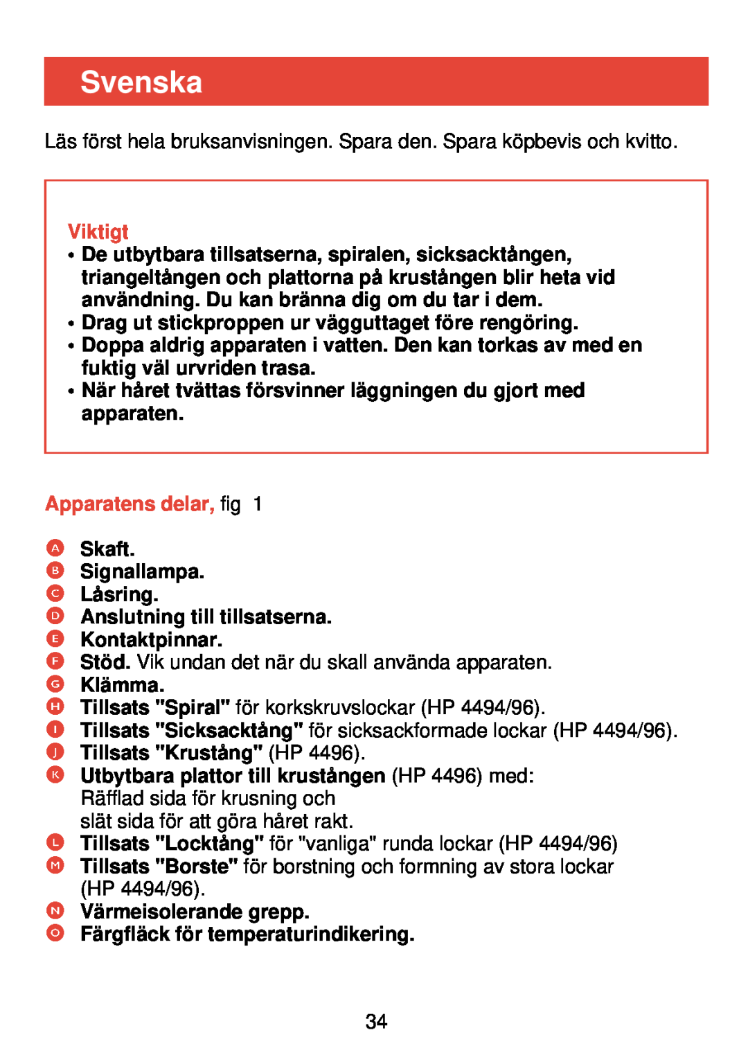 Philips HP 4490, HP 4494, HP 4496 manual Svenska, Viktigt, Apparatens delar, fig 