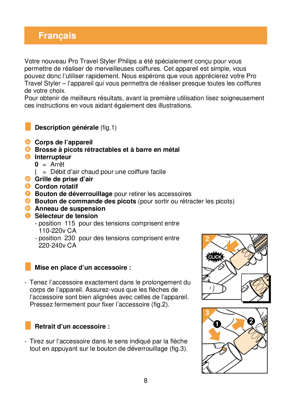 Philips HP 4621 manual Français, Grille de prise d’air E Cordon rotatif, Anneau de suspension I Sélecteur de tension 