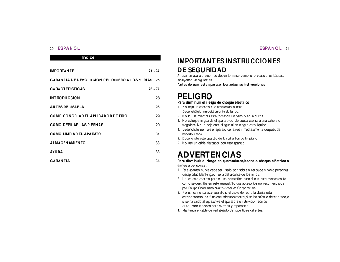 Philips HP 6433/PB manual Peligro, Advertencias, Indice 