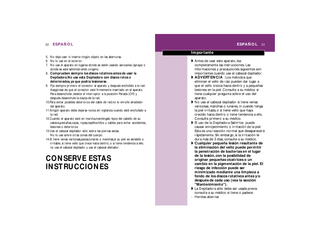 Philips HP 6433/PB manual Conserve Estas Instrucciones, Importante, Heridas abiertas 