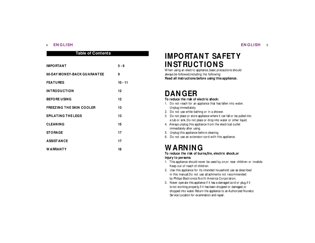 Philips HP 6433/PB manual Important Safety, Instructions, Table of Contents 