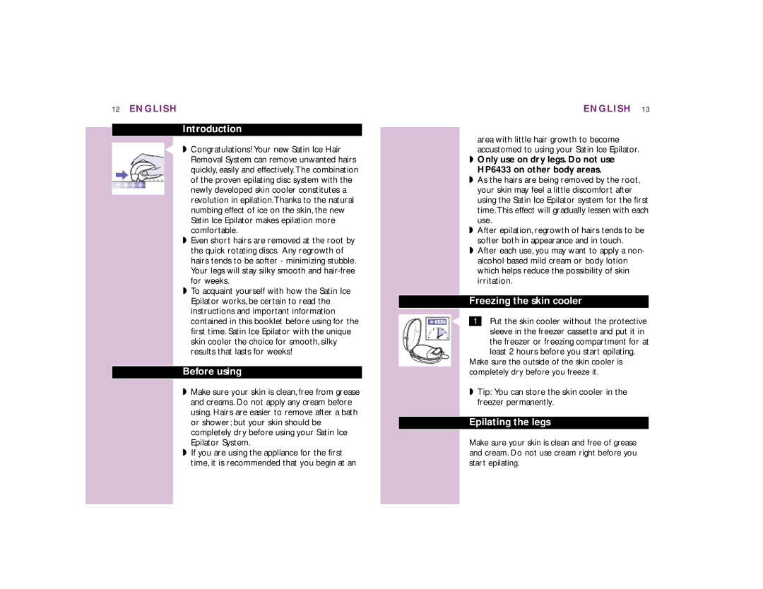 Philips HP 6433/PB manual Introduction, Before using, Freezing the skin cooler, Epilating the legs 