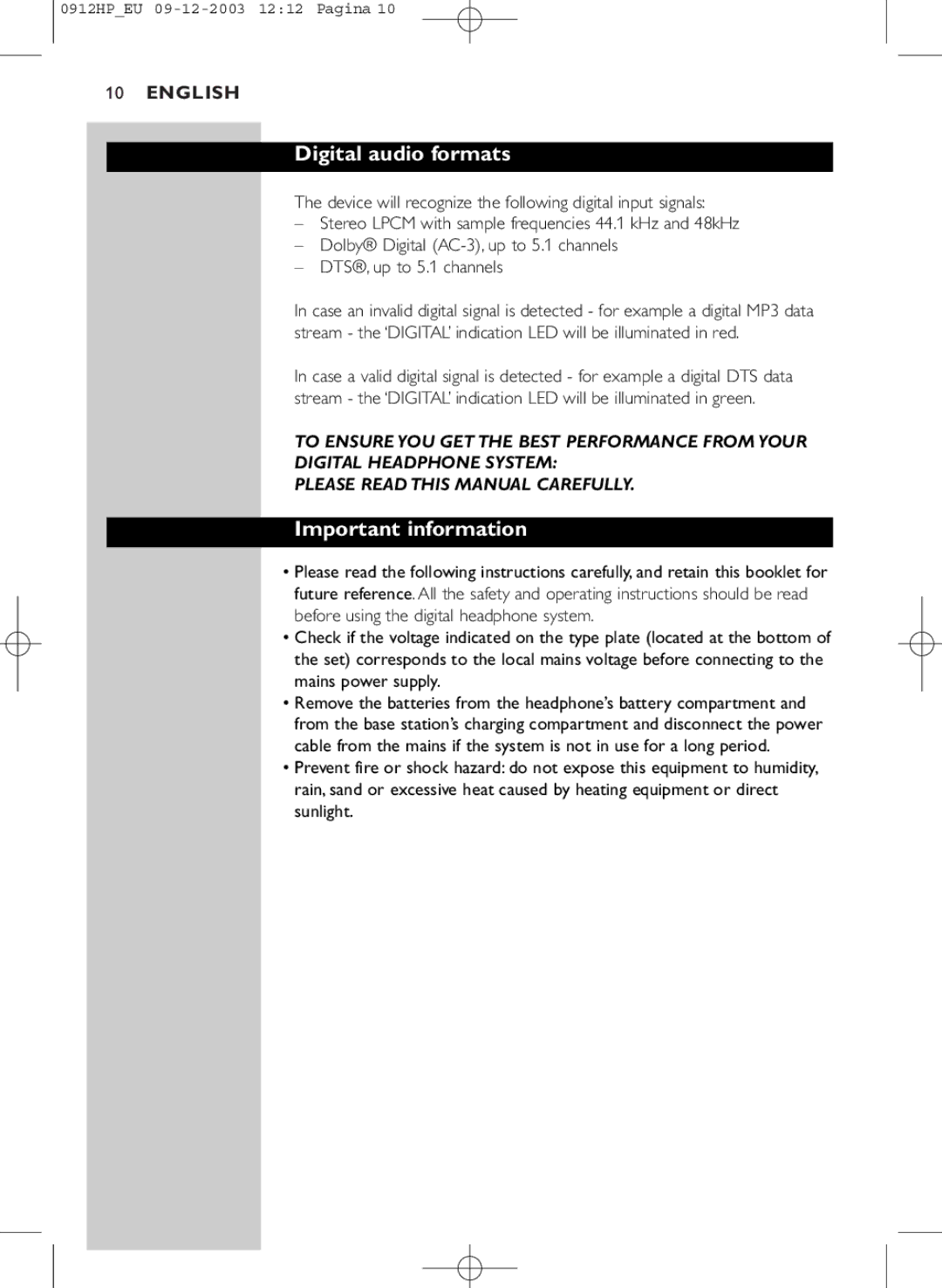 Philips HP1500 manual Digital audio formats, Important information 