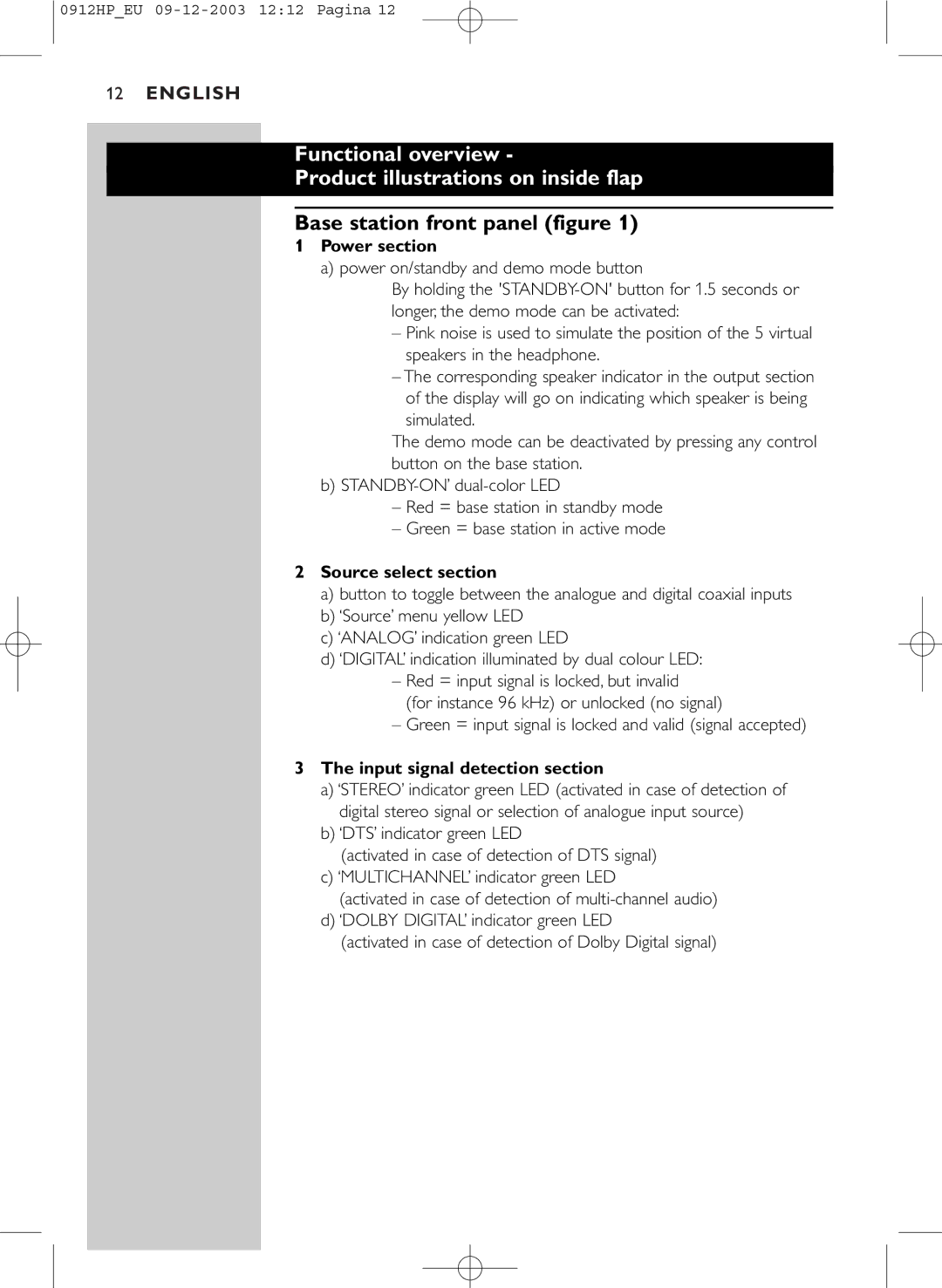 Philips HP1500 Functional overview Product illustrations on inside flap, Base station front panel figure, Power section 