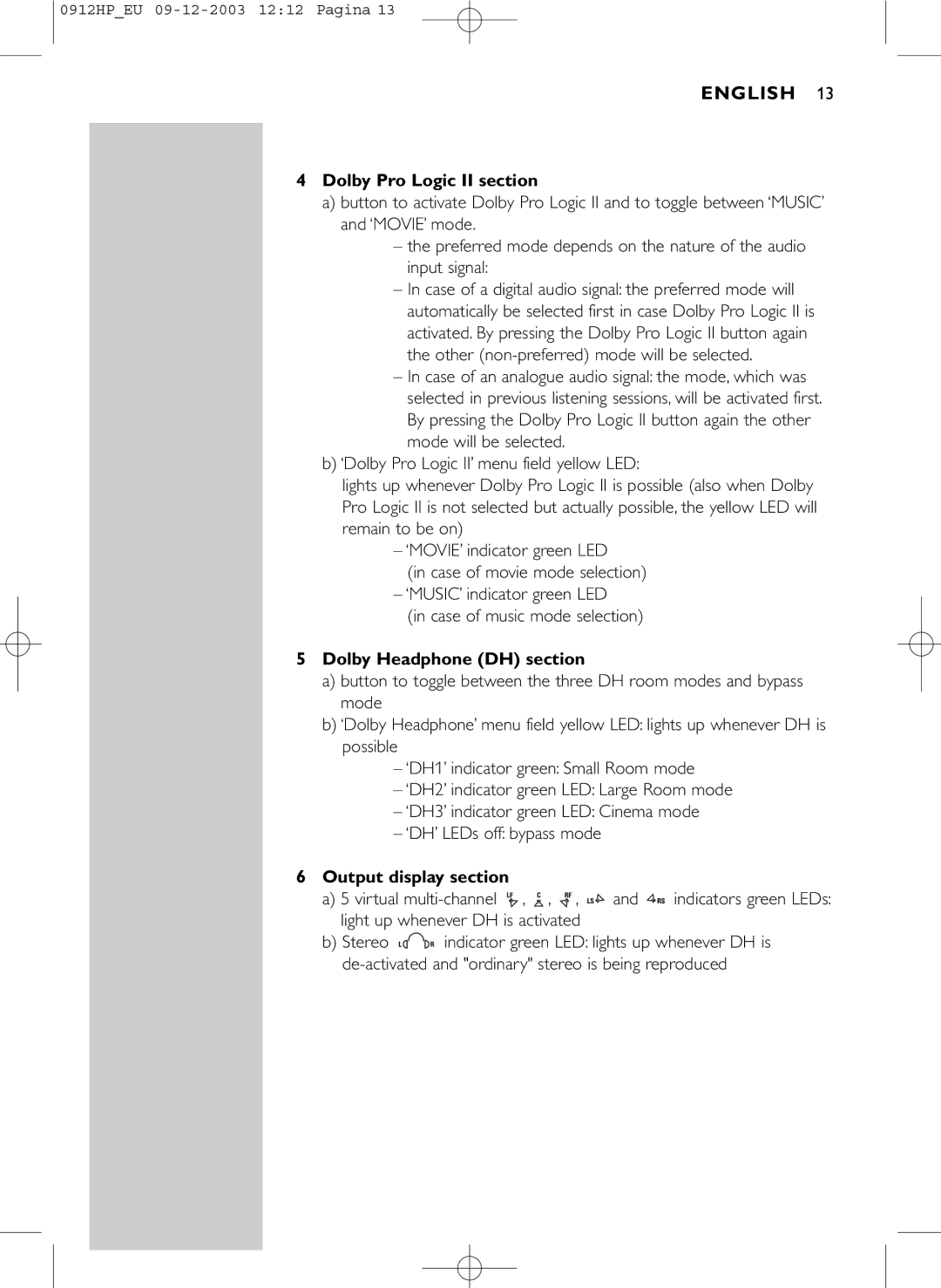 Philips HP1500 manual Dolby Pro Logic II section, Dolby Headphone DH section, Output display section 