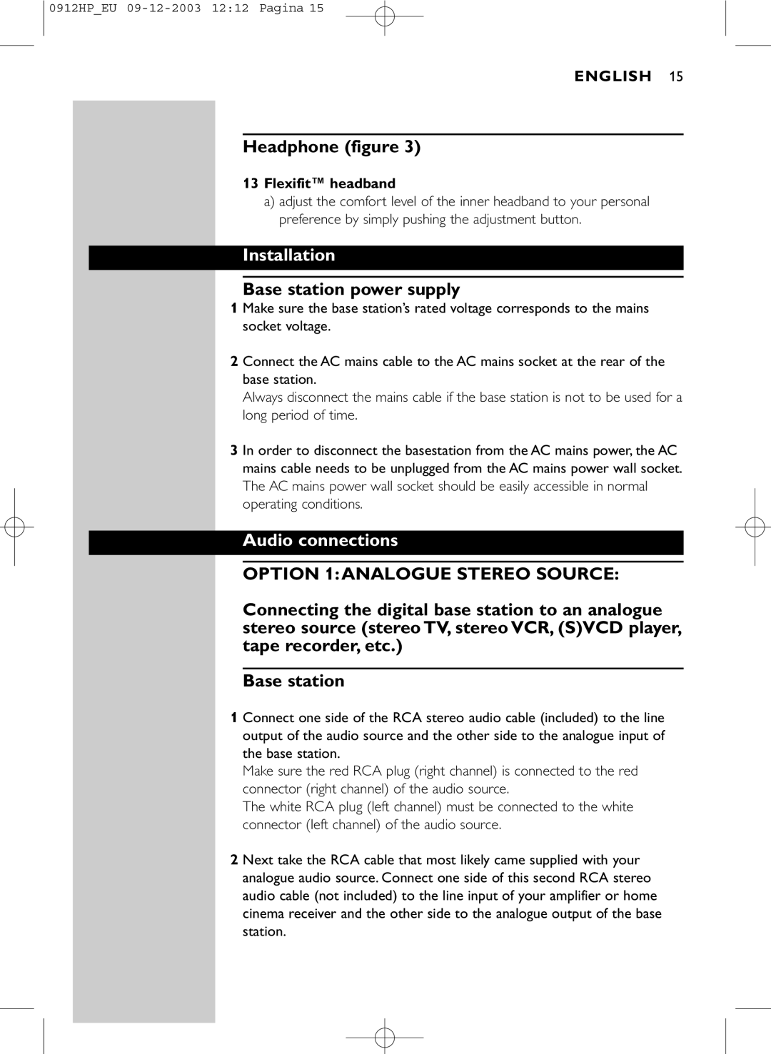 Philips HP1500 manual Headphone figure, Installation, Base station power supply, Audio connections, Flexifit headband 