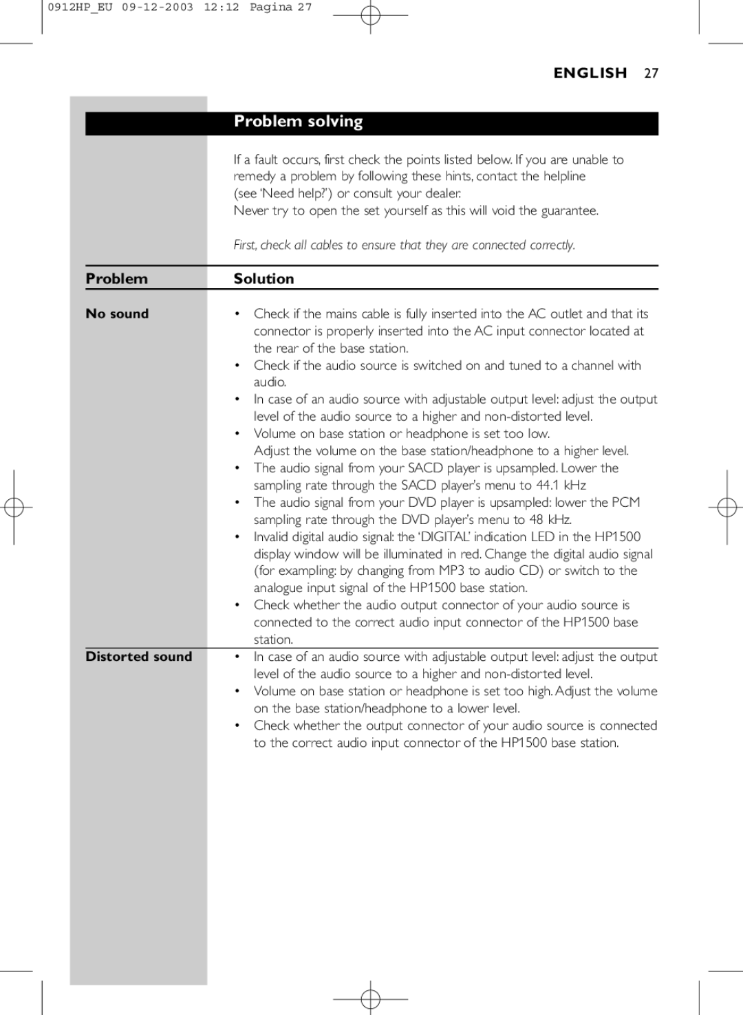 Philips HP1500 manual Problem solving, No sound, Distorted sound 