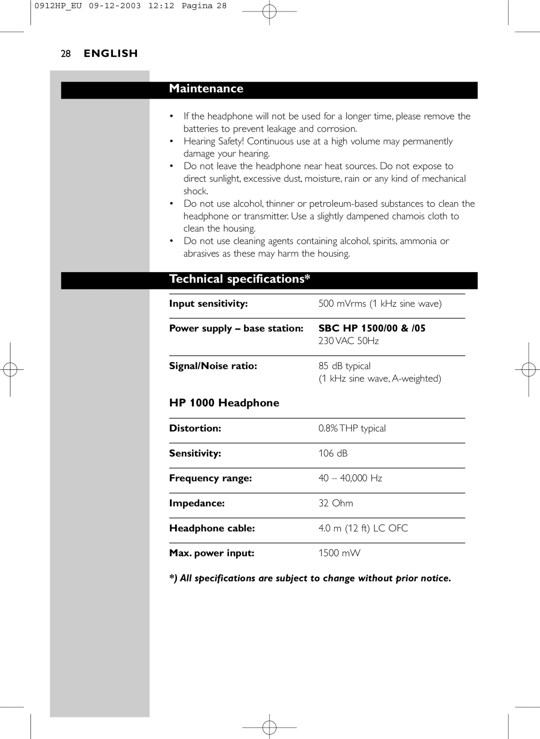 Philips HP1500 manual Maintenance, Technical specifications 