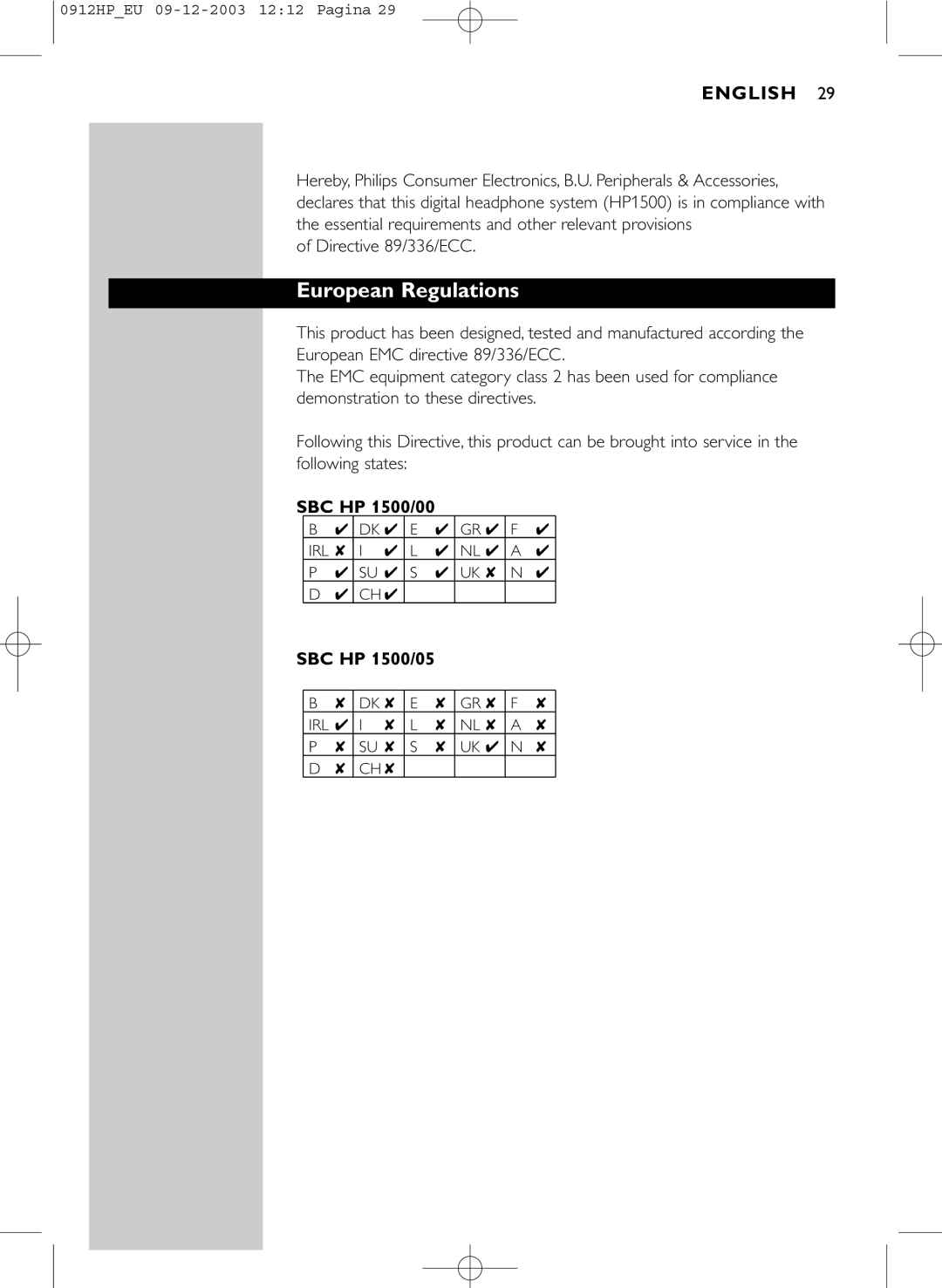 Philips HP1500 manual European Regulations, Directive 89/336/ECC, SBC HP 1500/00, SBC HP 1500/05 