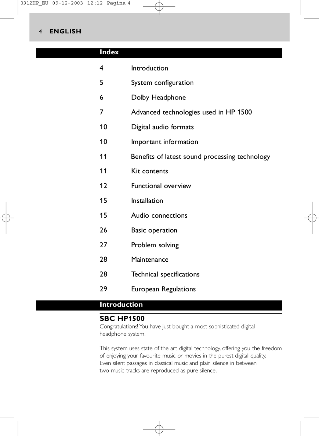 Philips manual Index, Introduction, SBC HP1500 