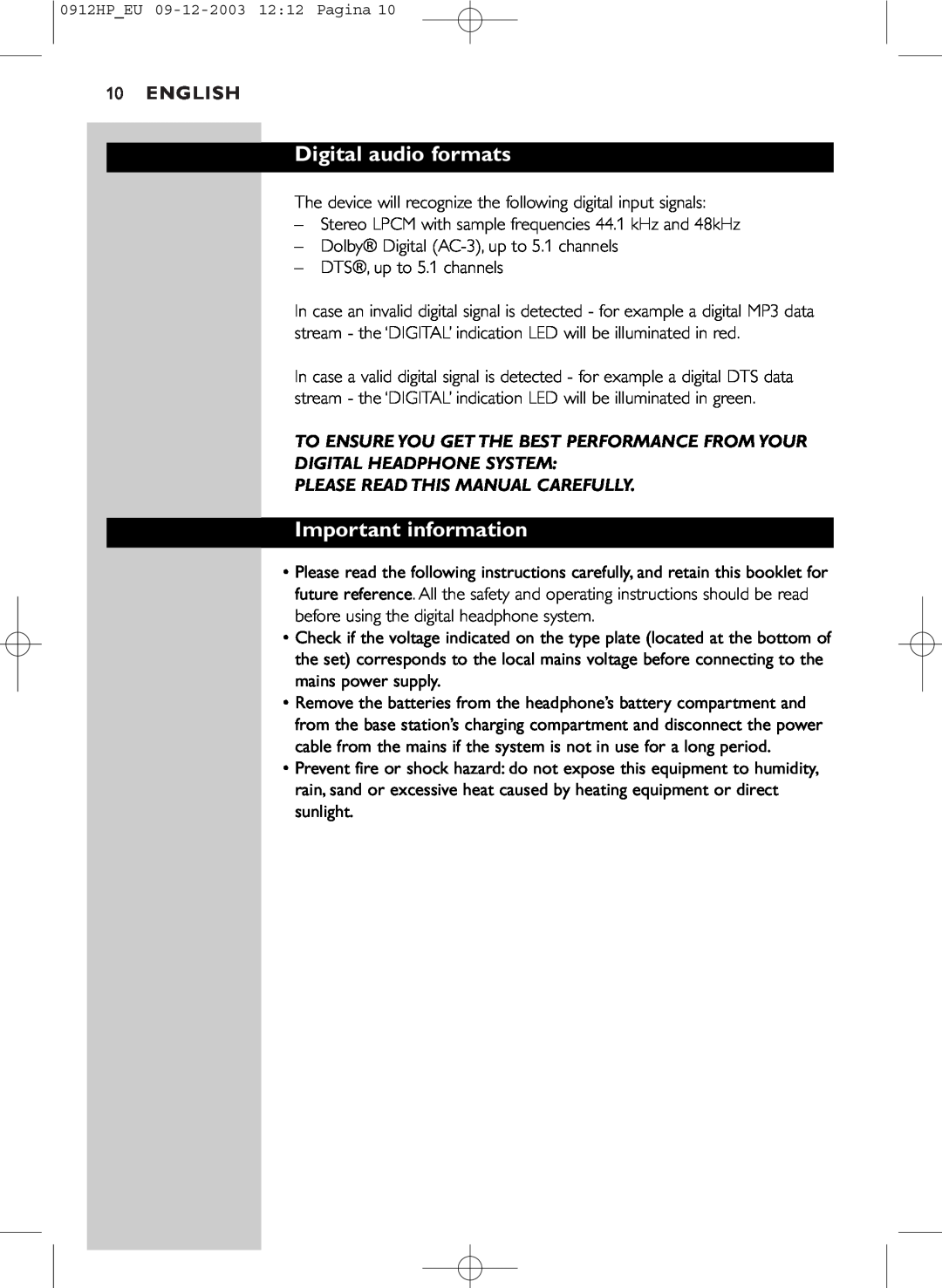 Philips HP1500 manual Digital audio formats, Important information, English 