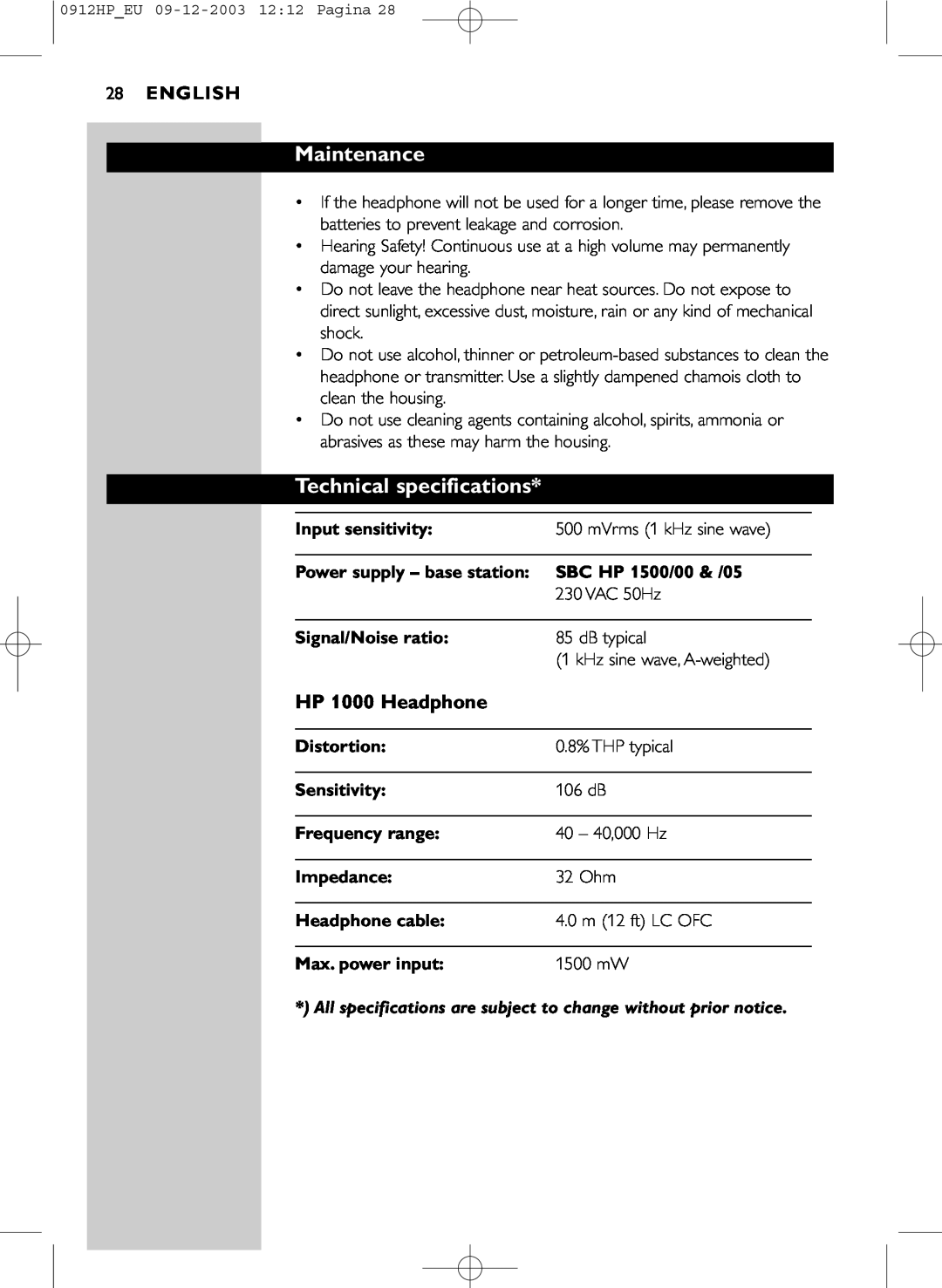 Philips HP1500 manual Maintenance, Technical specifications, English, HP 1000 Headphone 