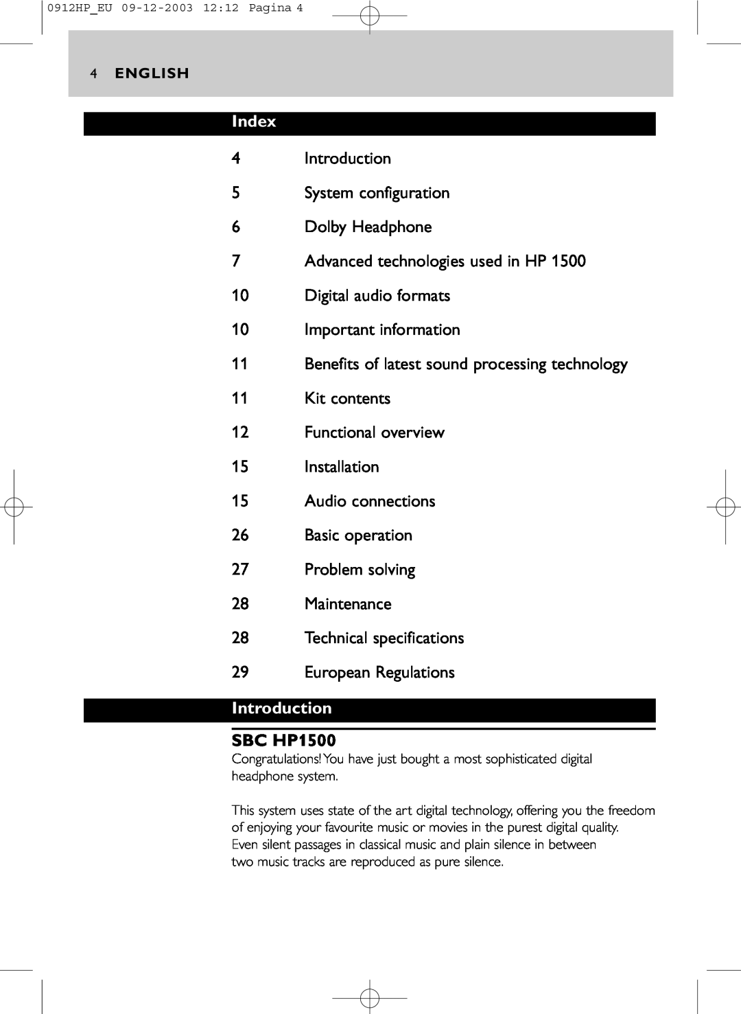 Philips manual Index, Introduction, SBC HP1500 