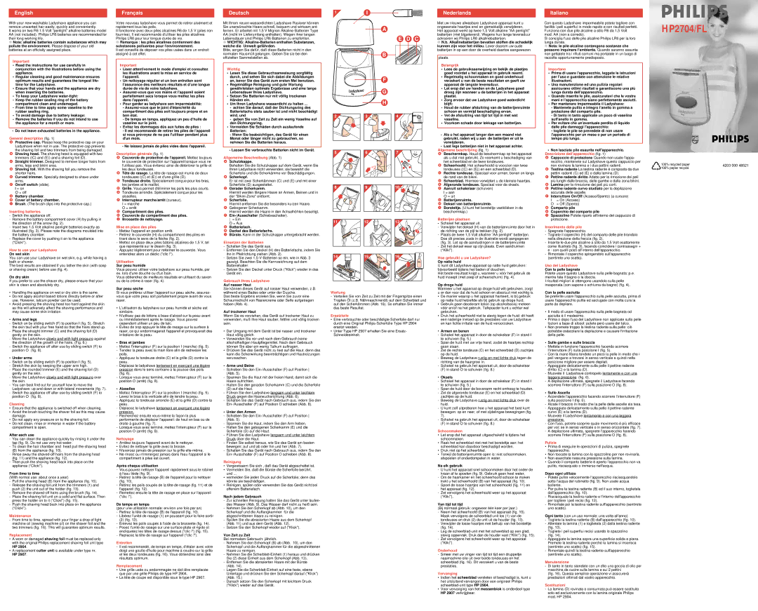 Philips HP2704/FL manual General description fig, Description gé né rale fig, Wichtig, Allgemeine Beschreibung Abb 