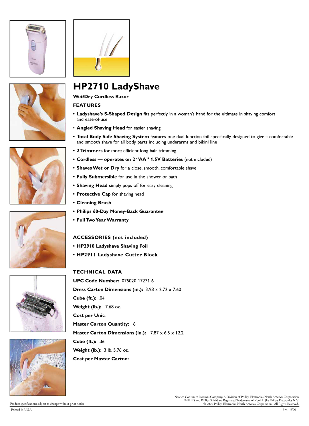 Philips manual HP2710 LadyShave, Features, Technical Data 