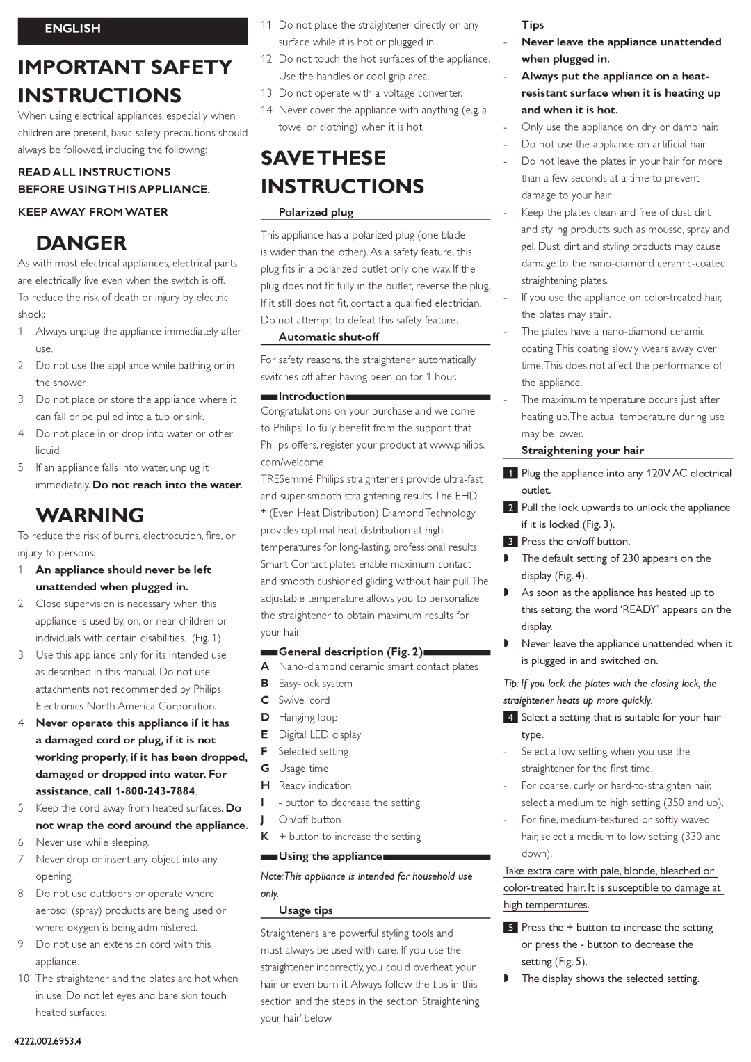 Philips HP4605 manual Important Safety Instructions, Save These Instructions 