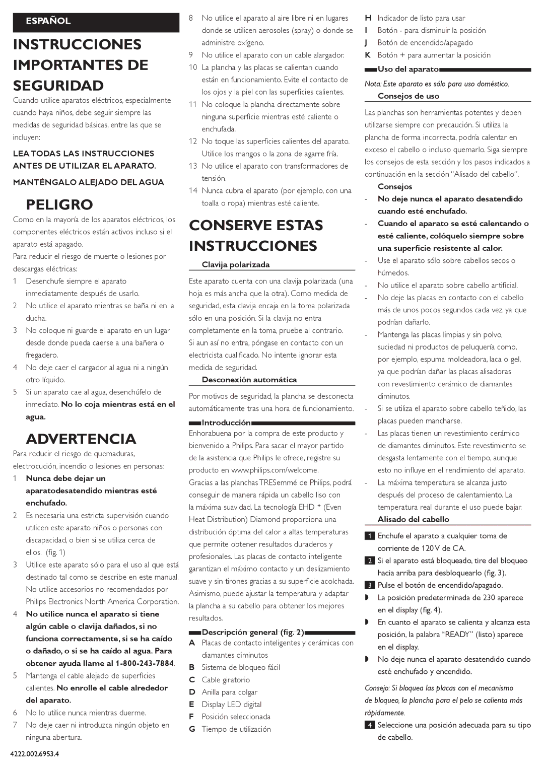 Philips HP4605 manual Instrucciones Importantes DE Seguridad, Peligro, Advertencia, Conserve Estas Instrucciones 